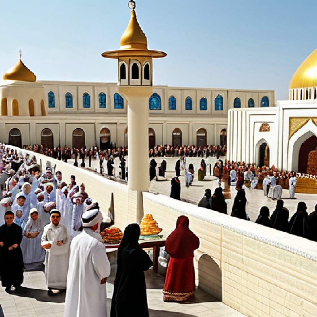 **
A vibrant and colorful scene depicting a street in Turkmenistan. In the foreground, Muslim families are dressed in traditional clothing, celebrating Eid al-Fitr with food and festivities. In the background, an Eastern Orthodox church stands peacefully. The overall atmosphere is one of harmony and mutual respect between different religious communities.
**