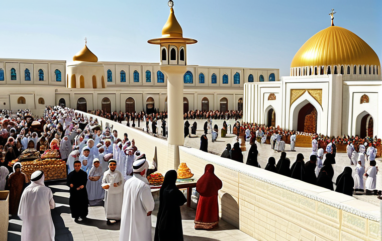 **

A vibrant and colorful scene depicting a street in Turkmenistan. In the foreground, Muslim families are dressed in traditional clothing, celebrating Eid al-Fitr with food and festivities. In the background, an Eastern Orthodox church stands peacefully. The overall atmosphere is one of harmony and mutual respect between different religious communities.

**