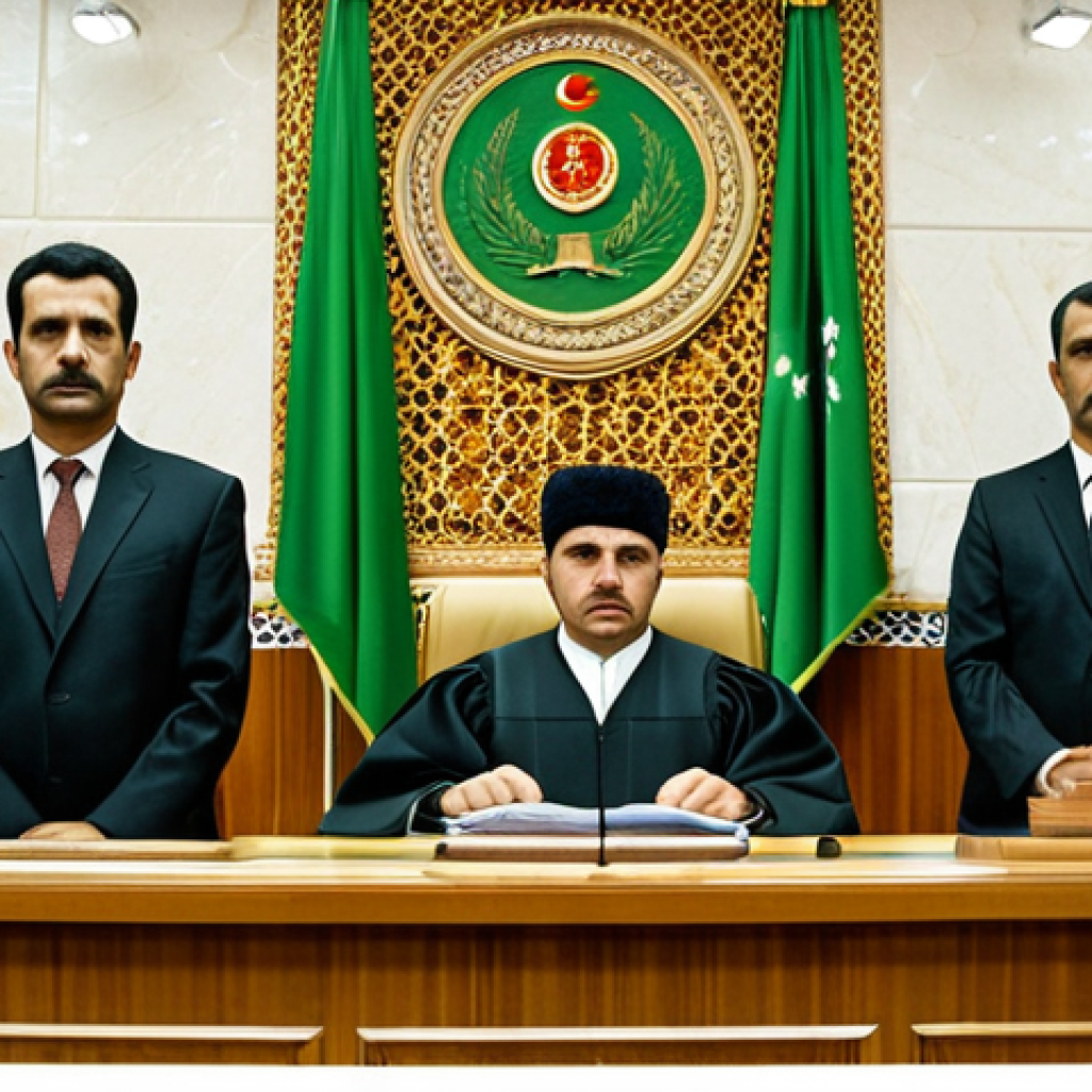 **Prompt:** A modern courtroom scene in Turkmenistan, featuring a judge, prosecutor, and lawyer. Focus on the principles of fair trial and the protection of defendants' rights in criminal proceedings. Symbolically represent the justice system upholding the law and maintaining social order.