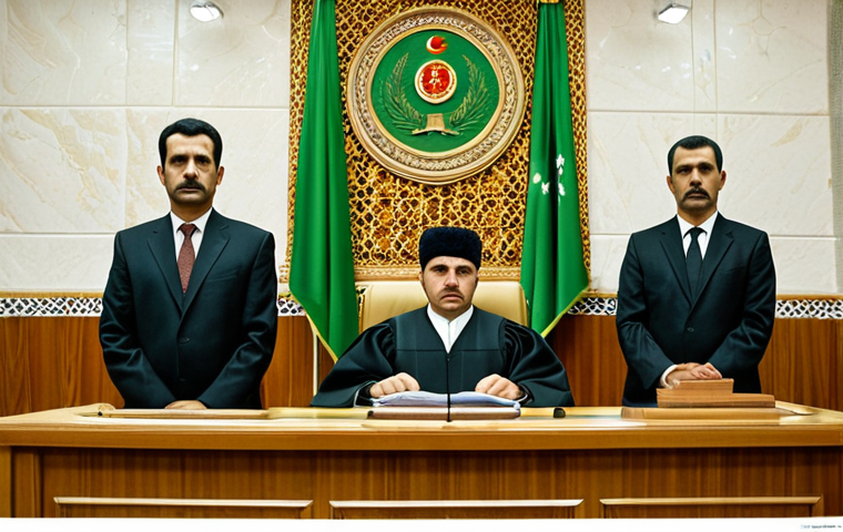 **Prompt:** A modern courtroom scene in Turkmenistan, featuring a judge, prosecutor, and lawyer. Focus on the principles of fair trial and the protection of defendants' rights in criminal proceedings. Symbolically represent the justice system upholding the law and maintaining social order.