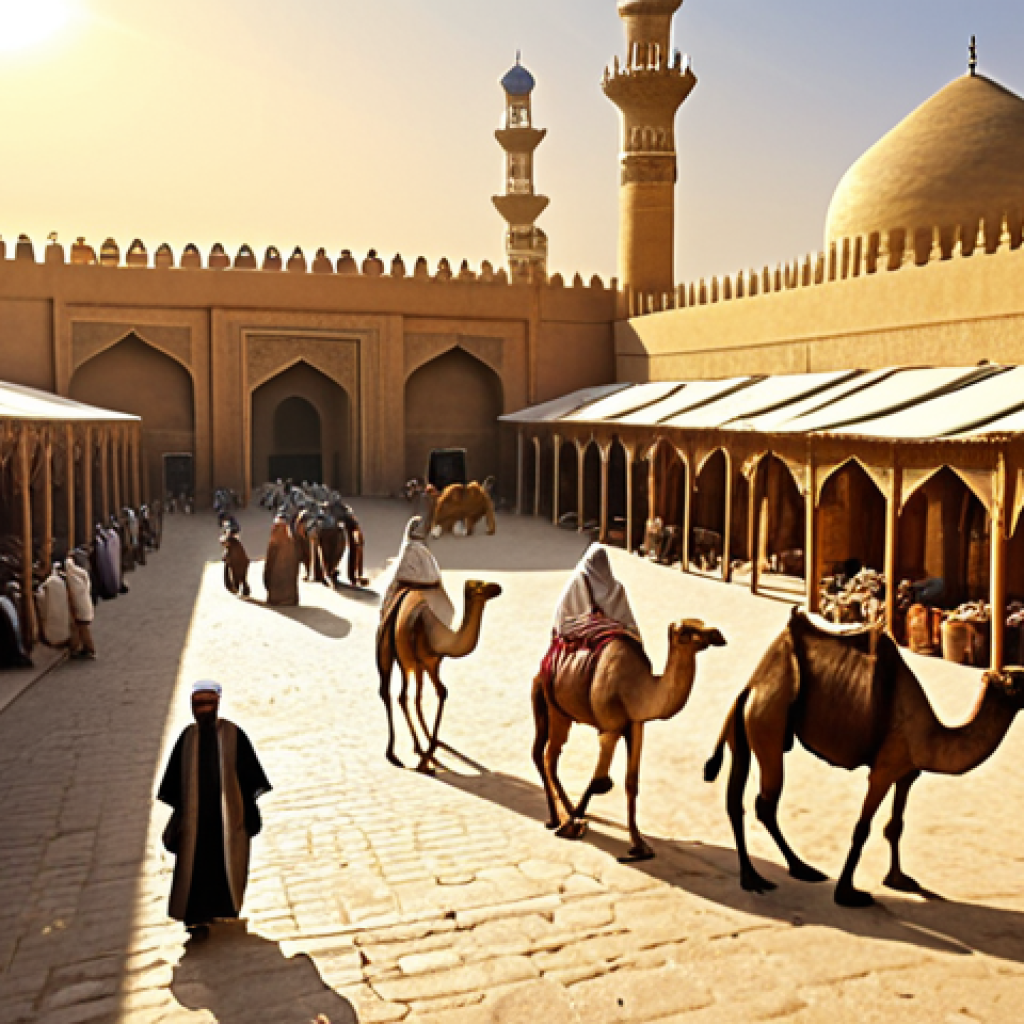 **Prompt 1 (Golden Age of Merv):**
A bustling and vibrant market scene in ancient Merv during its Golden Age, located at the heart of the Silk Road. Diverse merchants and travelers from various cultures exchange exotic goods such as silks, spices, and ceramics. Grand Islamic architecture, including magnificent mosques and bustling libraries, forms the backdrop, indicating a thriving intellectual and cultural center. Scholars engage in lively discussions, and caravans of camels are visible in the background. The scene is illuminated by warm, golden sunlight, conveying an atmosphere of prosperity, knowledge, and cultural exchange. Highly detailed, historical, cinematic, volumetric lighting.