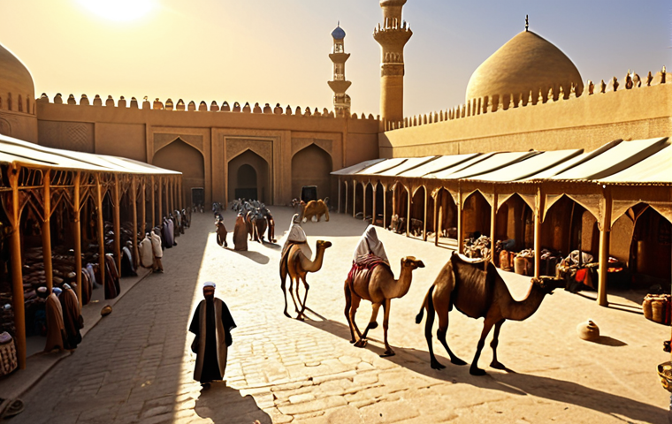 **Prompt 1 (Golden Age of Merv):**
    A bustling and vibrant market scene in ancient Merv during its Golden Age, located at the heart of the Silk Road. Diverse merchants and travelers from various cultures exchange exotic goods such as silks, spices, and ceramics. Grand Islamic architecture, including magnificent mosques and bustling libraries, forms the backdrop, indicating a thriving intellectual and cultural center. Scholars engage in lively discussions, and caravans of camels are visible in the background. The scene is illuminated by warm, golden sunlight, conveying an atmosphere of prosperity, knowledge, and cultural exchange. Highly detailed, historical, cinematic, volumetric lighting.