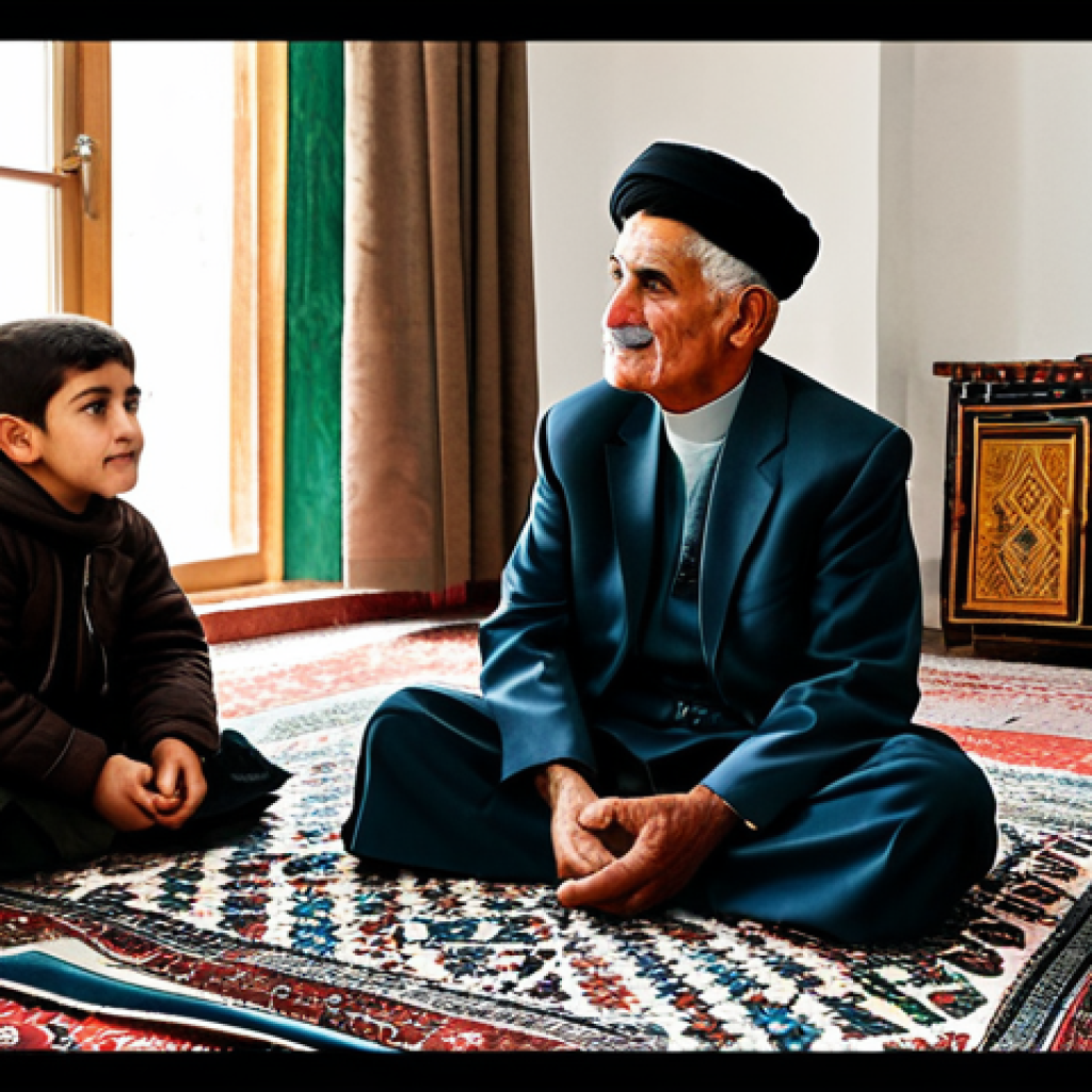 A wise, elderly Turkmen man in modest, traditional attire, sitting comfortably on a patterned carpet in a warm, traditionally decorated Turkmen home. He is engaging with respectful, fully clothed young family members, possibly telling a story or sharing wisdom. The atmosphere is serene and full of reverence. The scene captures the deep intergenerational bonds and the transmission of cultural knowledge. perfect anatomy, correct proportions, natural pose, well-formed hands, proper finger count, natural body proportions, safe for work, appropriate content, fully clothed, modest clothing, family-friendly, professional photography, high quality, intricate details, soft natural lighting.