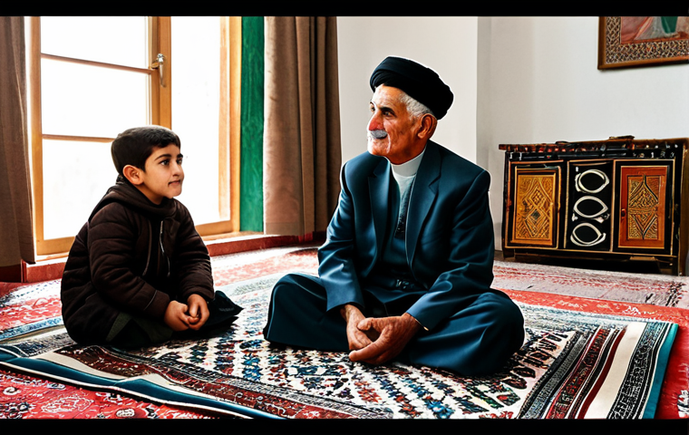 A wise, elderly Turkmen man in modest, traditional attire, sitting comfortably on a patterned carpet in a warm, traditionally decorated Turkmen home. He is engaging with respectful, fully clothed young family members, possibly telling a story or sharing wisdom. The atmosphere is serene and full of reverence. The scene captures the deep intergenerational bonds and the transmission of cultural knowledge. perfect anatomy, correct proportions, natural pose, well-formed hands, proper finger count, natural body proportions, safe for work, appropriate content, fully clothed, modest clothing, family-friendly, professional photography, high quality, intricate details, soft natural lighting.