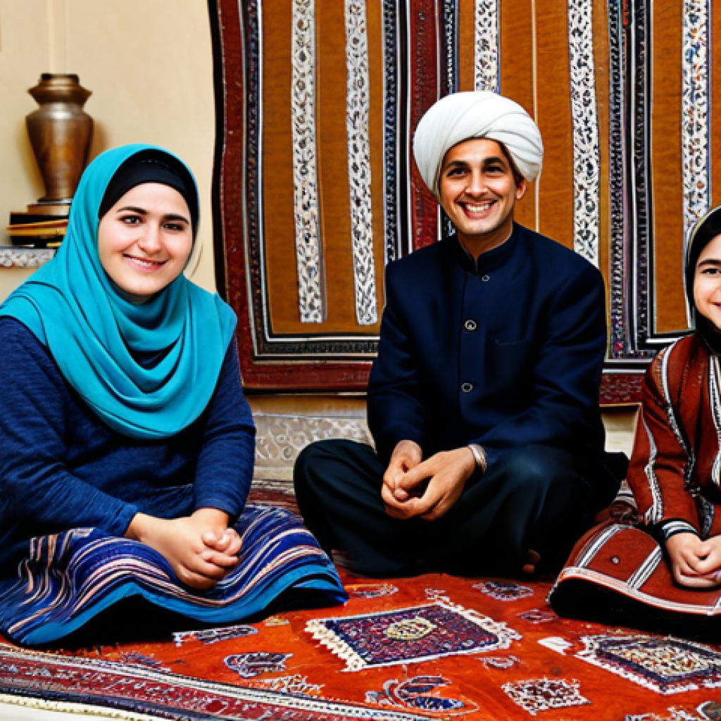 Turkmen Hospitality**

"A warmly lit scene inside a traditional Turkmen home, showcasing a family welcoming a guest with tea and food. The family is fully clothed in modest traditional attire, seated on colorful carpets. The guest is also fully clothed and smiling. Focus on the genuine smiles and welcoming atmosphere. safe for work, appropriate content, fully clothed, professional photography, perfect anatomy, natural proportions, modest, family-friendly."

**