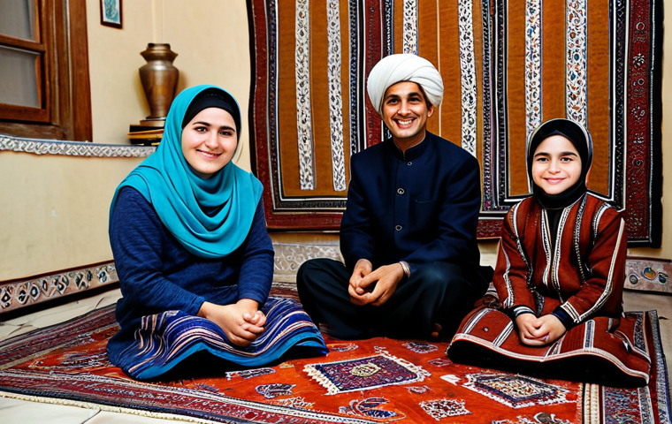 Turkmen Hospitality**

"A warmly lit scene inside a traditional Turkmen home, showcasing a family welcoming a guest with tea and food. The family is fully clothed in modest traditional attire, seated on colorful carpets. The guest is also fully clothed and smiling. Focus on the genuine smiles and welcoming atmosphere. safe for work, appropriate content, fully clothed, professional photography, perfect anatomy, natural proportions, modest, family-friendly."

**