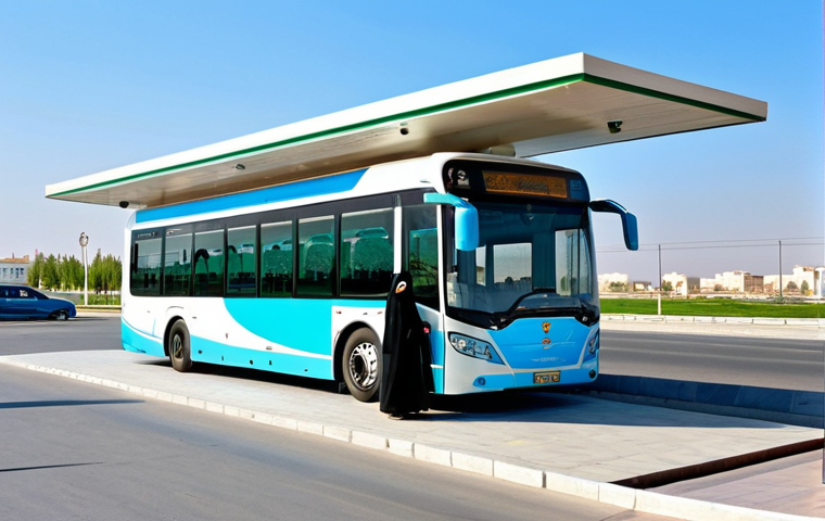 투르크메니스탄 교통 수단 - Modern Ashgabat Bus Stop**

"A modern, clean bus stop in Ashgabat, Turkmenistan, featuring a comfort...