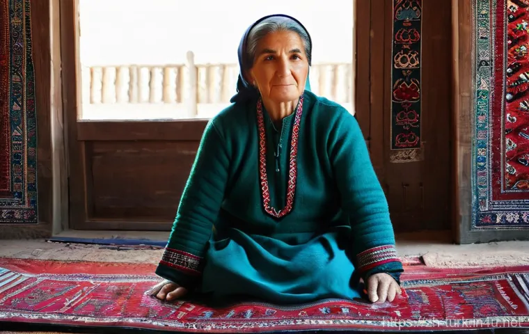 투르크메니스탄 기념품 추천 - Turkmen Carpet Weaver in a Traditional Setting**
"A serene and detailed portrait of an elderly Turkm...