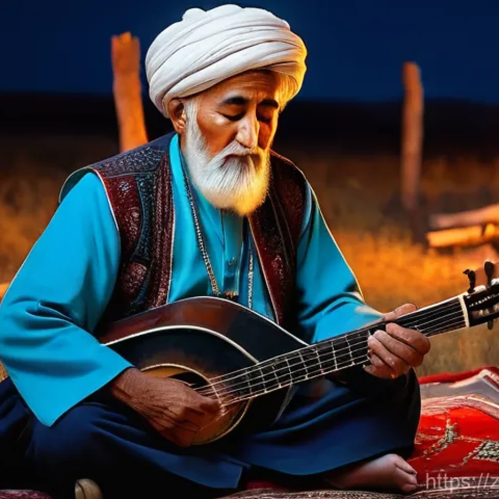 투르크메니스탄 전통 음악 - **Prompt:** An elderly Turkmen Bakhshi, a revered minstrel, is deeply engrossed in playing his Dutar...