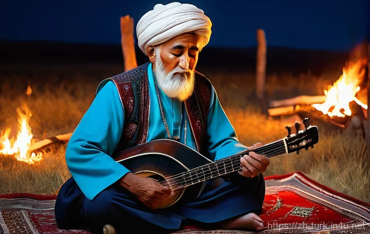 투르크메니스탄 전통 음악 - **Prompt:** An elderly Turkmen Bakhshi, a revered minstrel, is deeply engrossed in playing his Dutar...