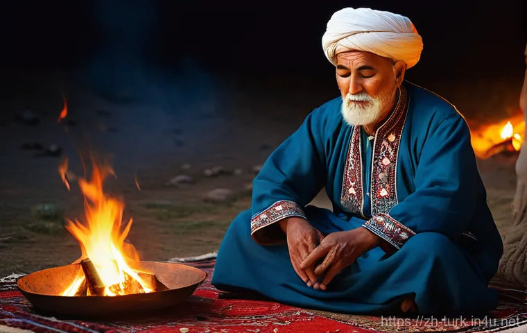 투르크메니스탄 전통 음악 - **Prompt:** An elderly Turkmen Bakhshi, a revered minstrel, is deeply engrossed in playing his Dutar...