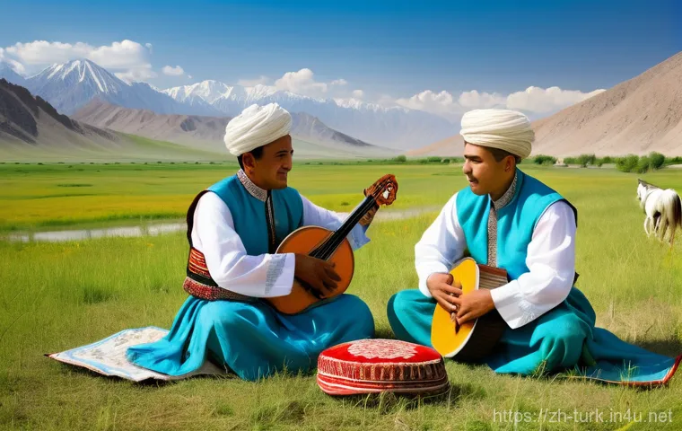 투르크메니스탄 전통 음악 - **Prompt:** An elderly Turkmen Bakhshi, a revered minstrel, is deeply engrossed in playing his Dutar...