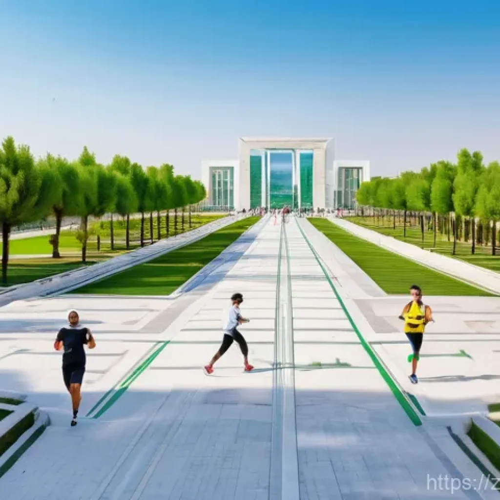 투르크메니스탄에서의 의료 체계 - **Prompt 1: "The Path of Health in Ashgabat"**
    A vibrant, wide-angle shot of people actively par...