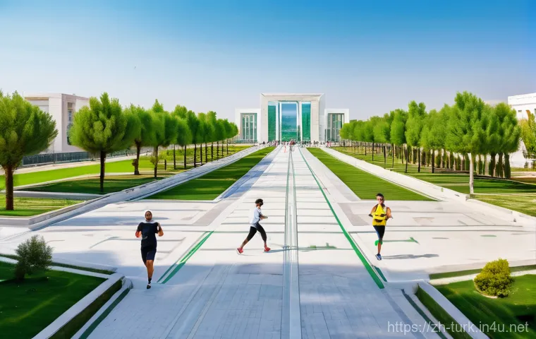 투르크메니스탄에서의 의료 체계 - **Prompt 1: "The Path of Health in Ashgabat"**
    A vibrant, wide-angle shot of people actively par...