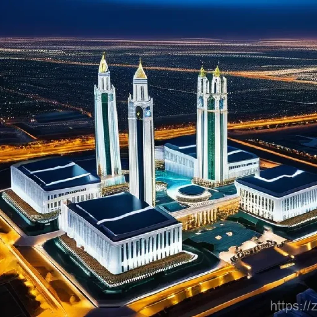 투르크메니스탄 주요 관광지 - **Ashgabat, The White Marble City at Night:**
    "A stunning aerial view of Ashgabat, Turkmenistan,...