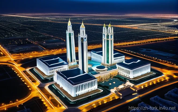 투르크메니스탄 주요 관광지 - **Ashgabat, The White Marble City at Night:**
    "A stunning aerial view of Ashgabat, Turkmenistan,...