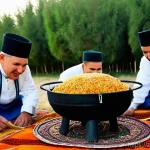 투르크메니스탄의 명절 요리 - Grand Turkmen Plov Feast**
A vibrant, bustling Turkmenistani festival scene centered around a massiv...