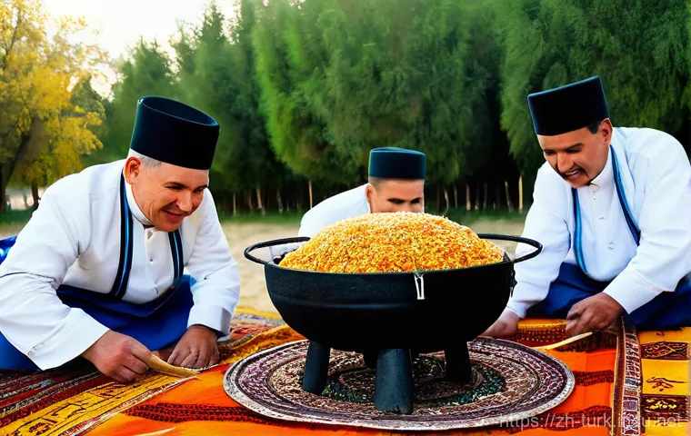 투르크메니스탄의 명절 요리 - Grand Turkmen Plov Feast**
A vibrant, bustling Turkmenistani festival scene centered around a massiv...