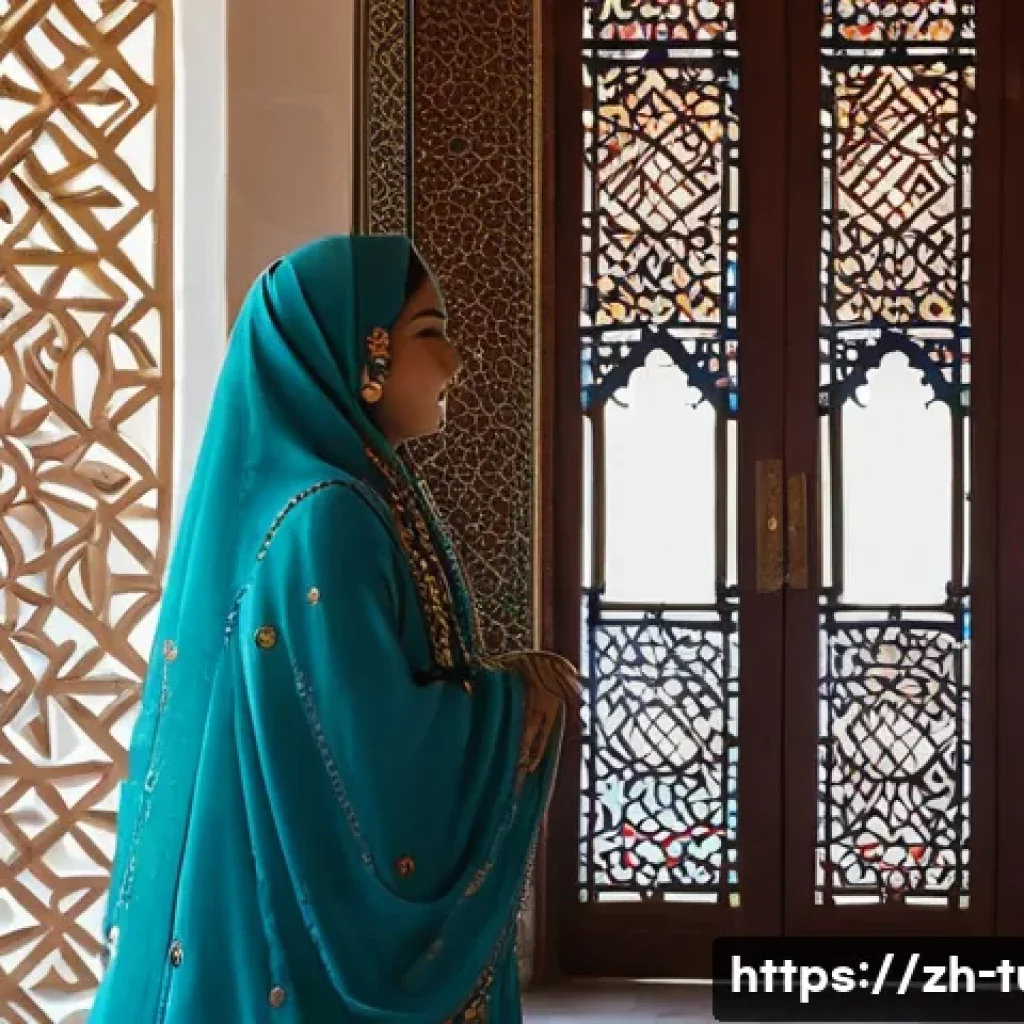 투르크메니스탄 방문 시 옷차림 팁 - A Turkmen woman standing gracefully inside a beautifully adorned mosque, bathed in soft, natural lig...