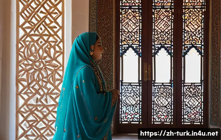 투르크메니스탄 방문 시 옷차림 팁 - A Turkmen woman standing gracefully inside a beautifully adorned mosque, bathed in soft, natural lig...
