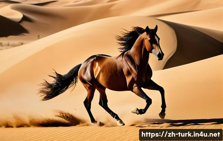 투르크메니스탄 문화의 독특한 점 - **A majestic Akhal-Teke horse, renowned for its golden sheen, gracefully galloping across the vast, ...